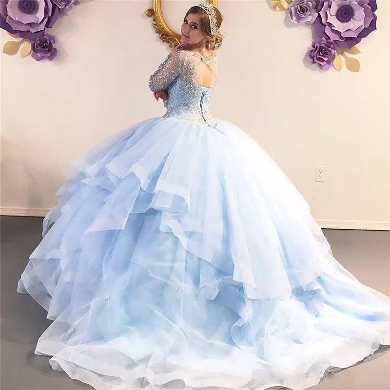 Vestidos de quinceanera милое 16 платье из органзы вечернее платье без спинки с длинными рукавами небесно-голубое платье Новогоднее платье vestido de 15 nos