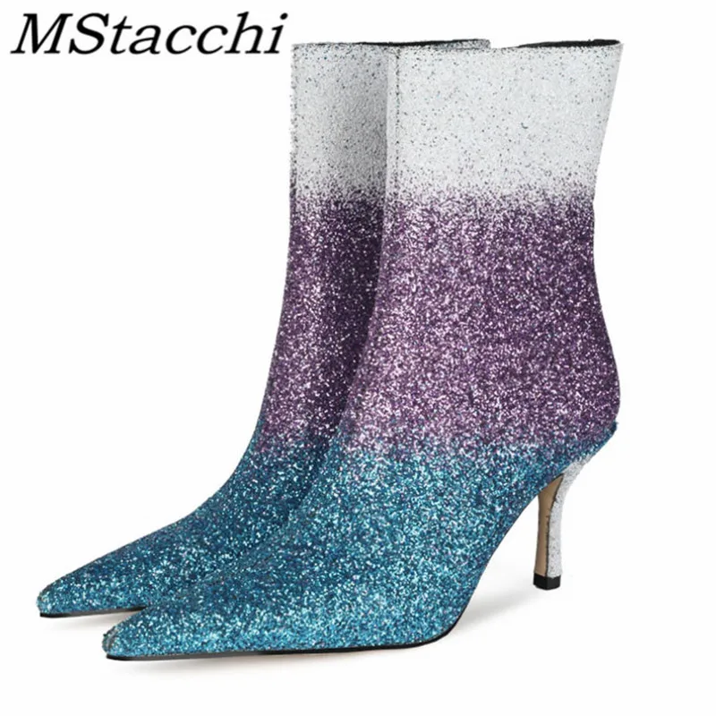 

MStacchi Fashion Women Ankel Boots For Woman Stilettos Heels Zipper High Heels Shoes Ladies BlingBling Wedding Party Short Boots