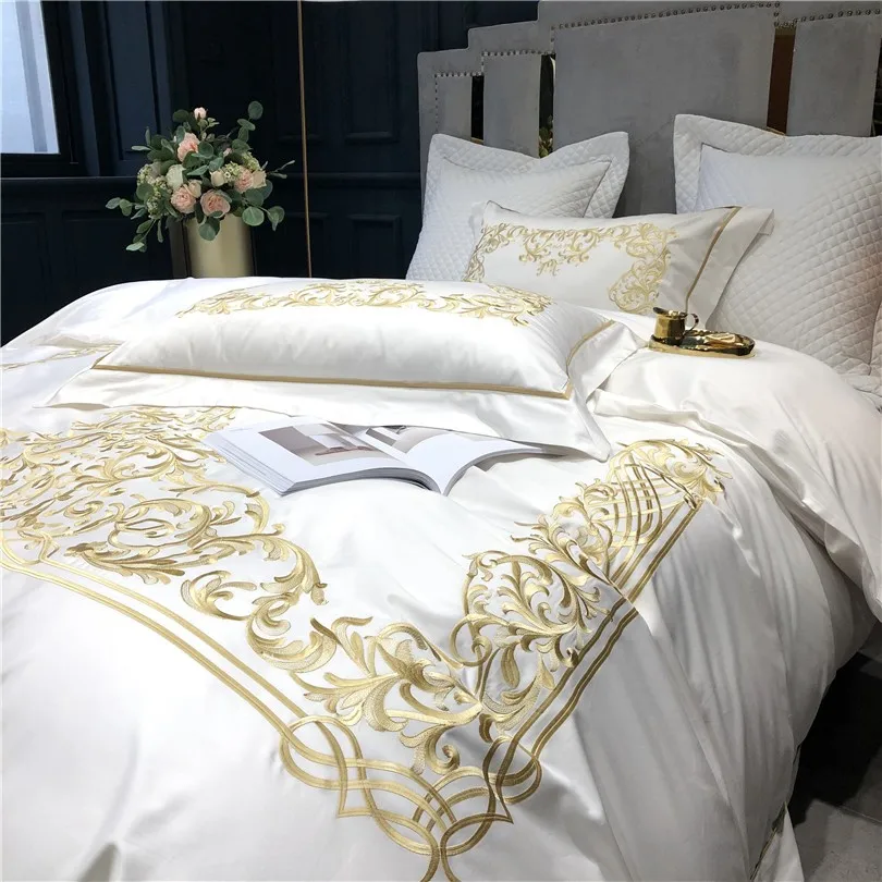 vender 4cs Premium Branco Capa De Edredão Conjunto Com Zíper Laços 1000tc Algodão Egípcio Bordado 1 Duvet Cover 2 Fronha 1 Folha Cama Plana