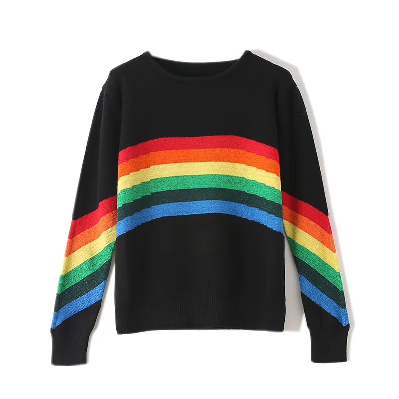 

Fannic 2020 Winter Fashion Rainbow Pattern Knitted Slim Fit Round Neck White Black Sweater For Women