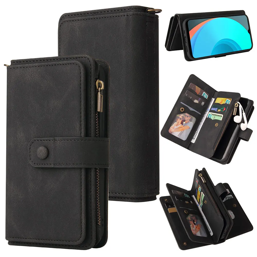 

Luxury Skin feel Leather Cover For OPPO Realme c11 C12 C15 zipper Wallet Bag with 15 Card Slots Flip Case For Realme C15 C12 C11