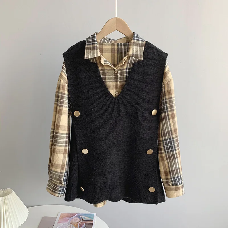 

Mozision 2021 Spring New Plaid Shirt Knitted Sweater Vest Two Piece Set Women's Loose Pullover Sweaters Ladies Casual Vests