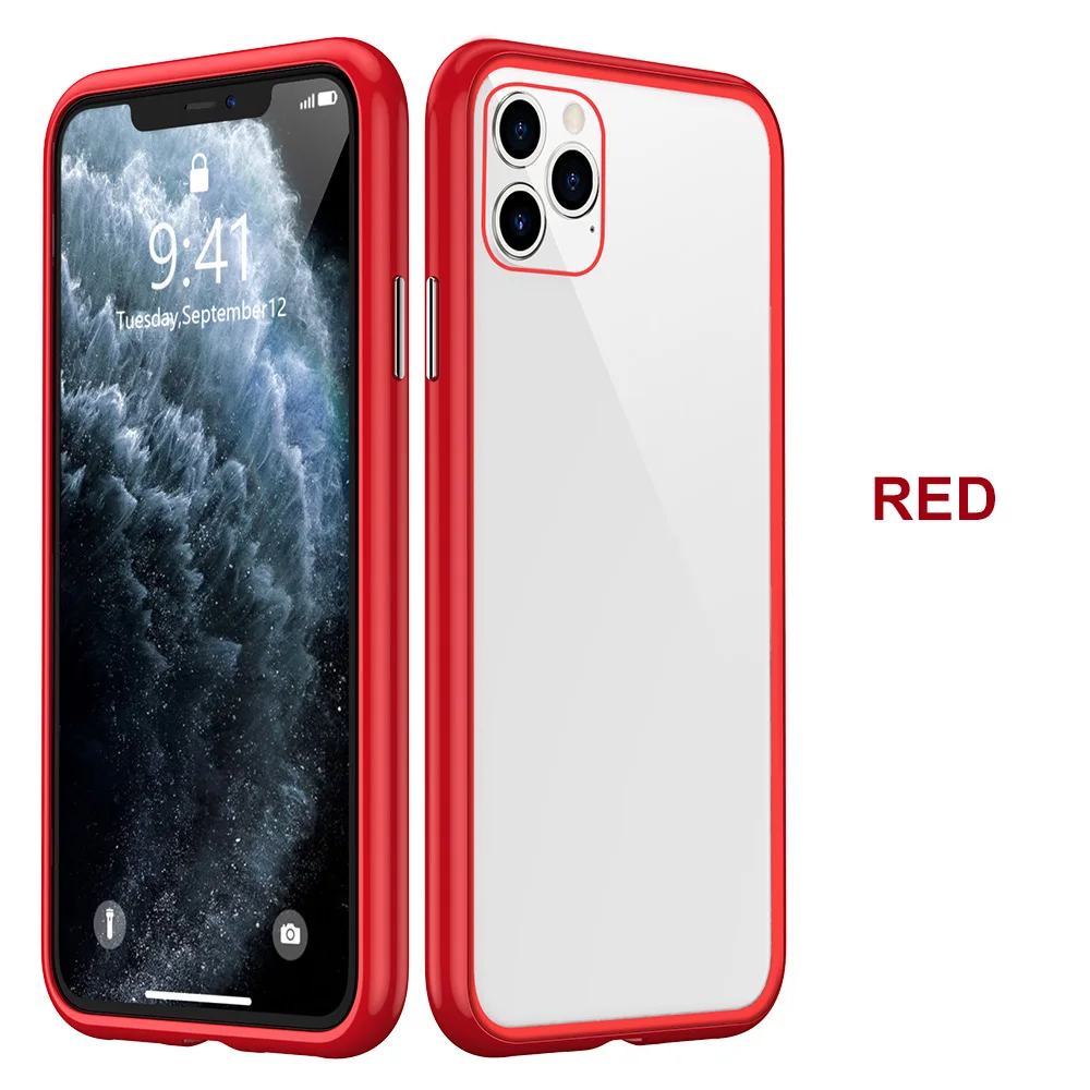 transparent red KISSCASE металлический магнитный чехол для iPhone X 7 8 7plus 8plus 11 Pro Max XR XS MAX чехол HD закаленное стекло магнит чехол для телефона крышка - Цвет: transparent red
