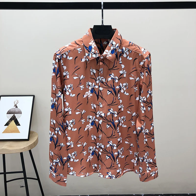 

Autumn Long Sleeved Flower Shirt Men's Korean All-match Fashion Printing Smooth Ice Silk Shirt Men's Top Fashion