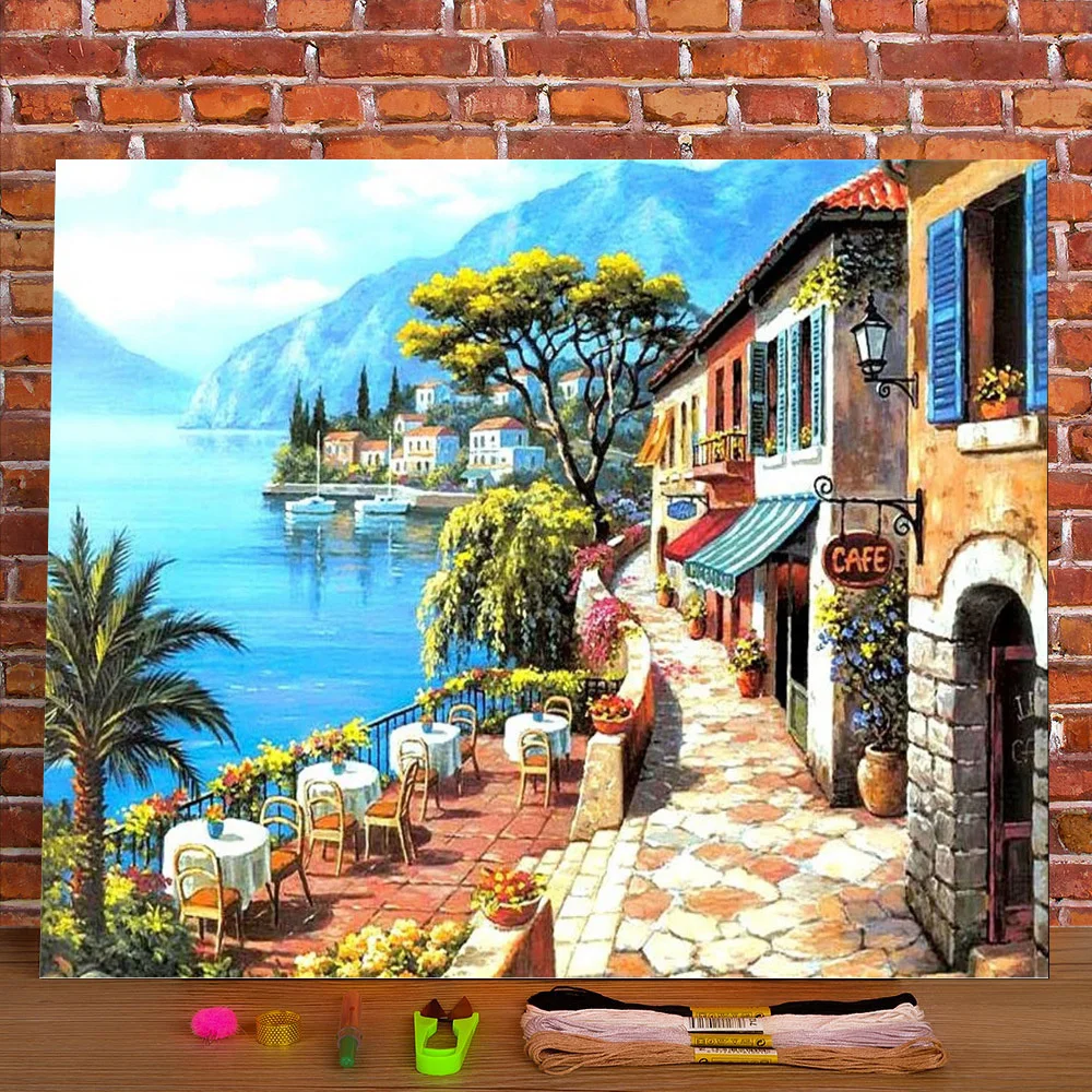 

Landscape Town Seaside Printed 11CT Cross-Stitch Full Kit DIY Embroidery DMC Threads Painting Handicraft work Promotions