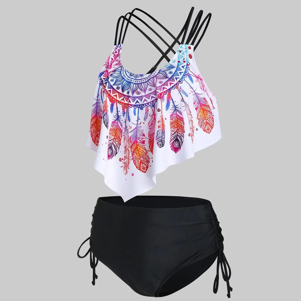Женский комплект бикини с принтом в виде перьев купальник танкини наполнителем