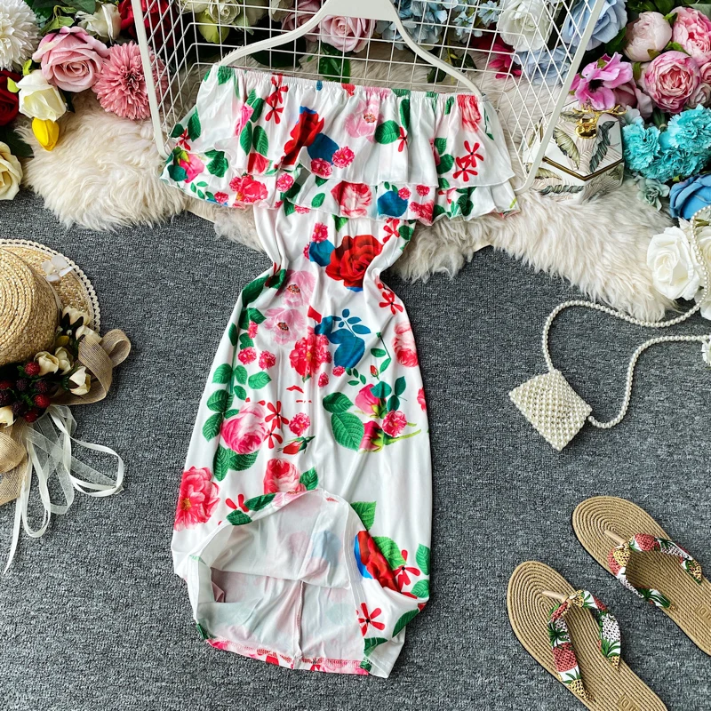 

and buttocks dress summer French style one line shoulder lotus leaf edge Vintage Rose seaside holiday beach skirt
