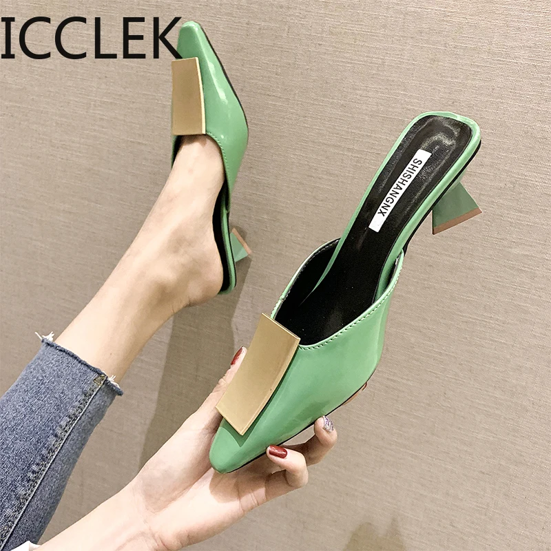

Pointed Toe White High Heels Muller Slippers Women Summer Shoes Woman Fashion Metal Decoration Shallow Party Female Shoes