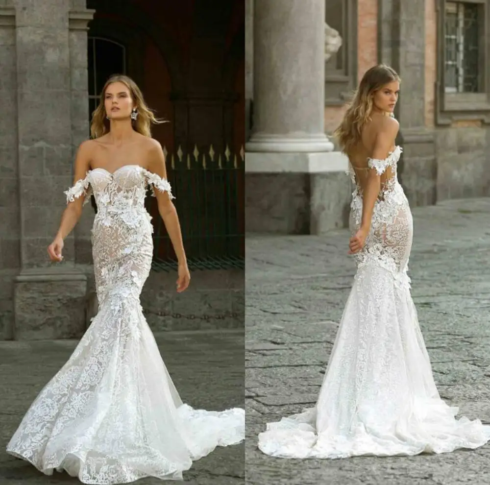 

Newest Mermaid Wedding Dresses Lace Off The Shoulder 3D Floral Appliques Trumpet Bridal Gowns Boho Wedding Dress Robes De Mariée