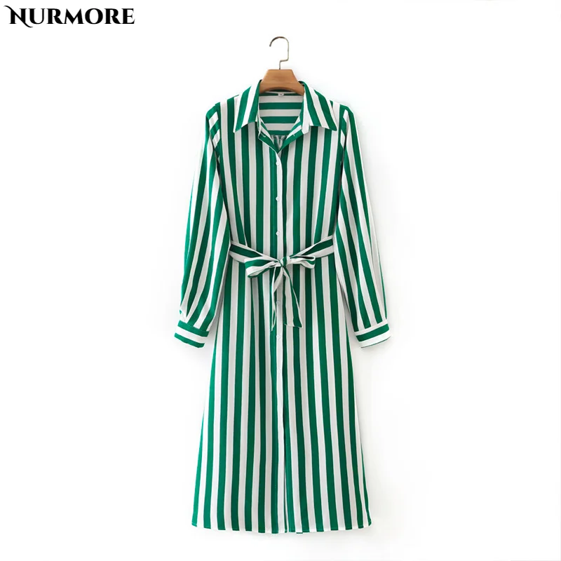 

Винтажное платье в полоску Nurmore, женское длинное платье с длинным рукавом в стиле бохо, повседневные платья-рубашки с отложным воротником, Х...