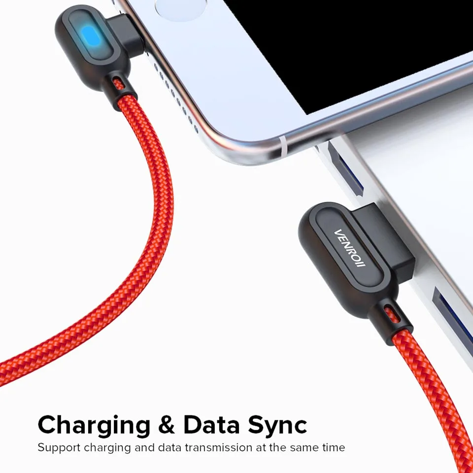 Venroii кабель usb type C 1 м светодиодный кабель для быстрой зарядки и синхронизации данных для samsung huawei Xiaomi 90 градусов Android мобильный телефон игры Kable