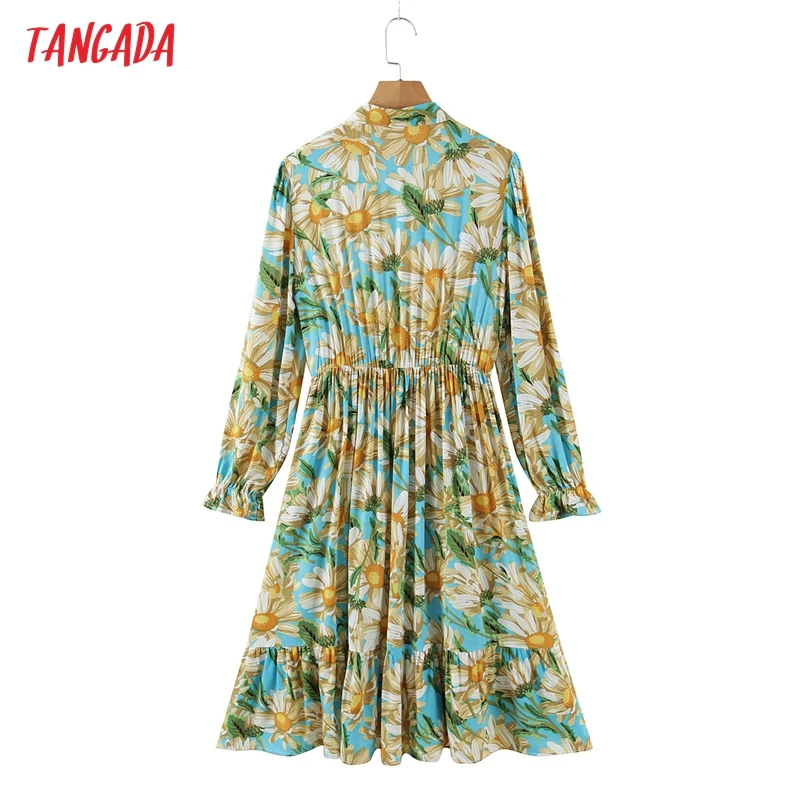 

Tangada 2021 Autumn Fashion Women Flowers Print Shirt Dress Bow Neck Long Sleeve Office Ladies Midi Dress SL169