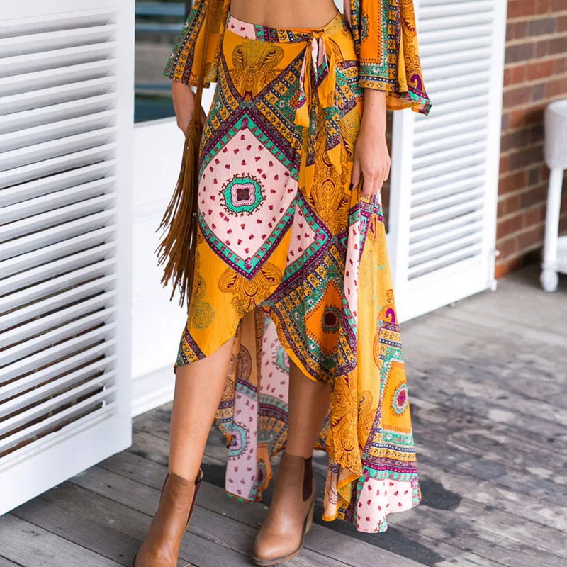 

2021 Hot Sell New Summer Women Boho Print Dovetail Lace Up Irregular Midi Skirt Elegant Beach Holiday Casual Yellow Ethnic Style