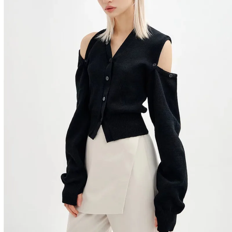 

Women V Neck Detachable Sleeved Knit Cardigan With Ribbed Trims Y047