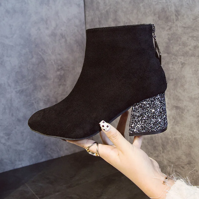 Новинка женские ботинки до середины икры Bling винтажные зимние из флока на молнии