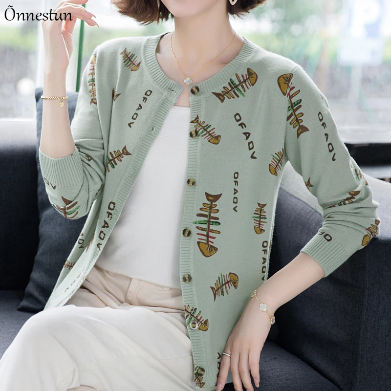 

Свитер-кардиган для женщин новые 2021; Сезон весна-осень; Свитер с принтом высокое качество женская одежда однобортный мягкий кардиганы