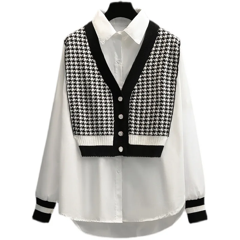 

Large Size Women's Clothing 2022 Spring New Knitted Stitching Shirt Fat Sister Slimming Loose False Two Pieces Top