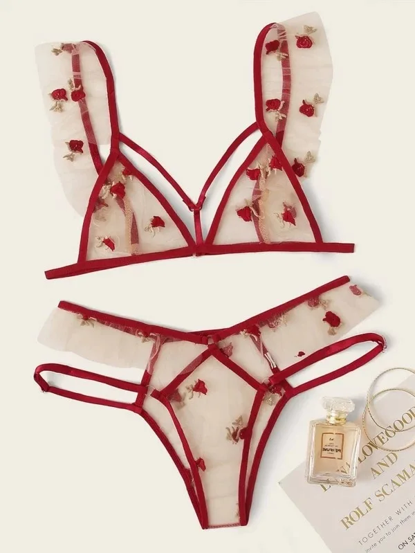 

Sexy Women's Underwear Mesh Embroidery Bra and Panty French Style Lingerie set Hot Red Intimates Three-Point Erotic Lingerie