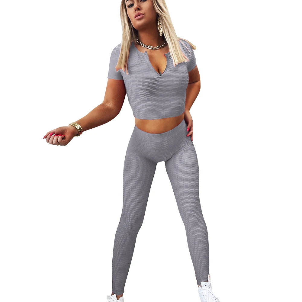 

Seamless Sports Suit Women's Jacquard Bubble Sports Short Sleeve Crop Top + Tight Hip Pants Yoga Set Two 2 Piece Outfit D30