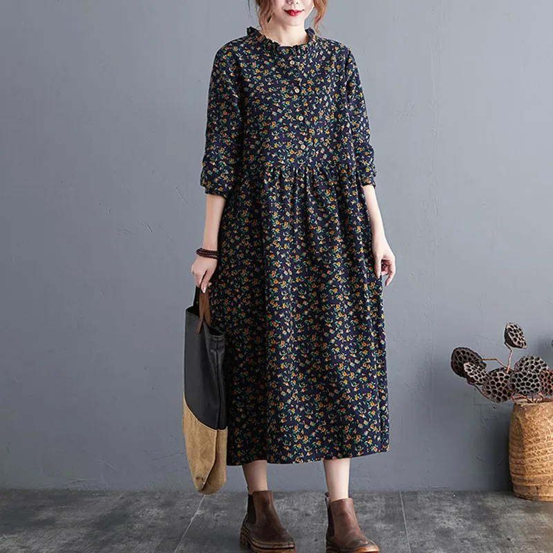 women cotton linen casual long dress new 2020 autumn vintage floral print stand collar ladies elegant a line dresses s2115 free global shipping