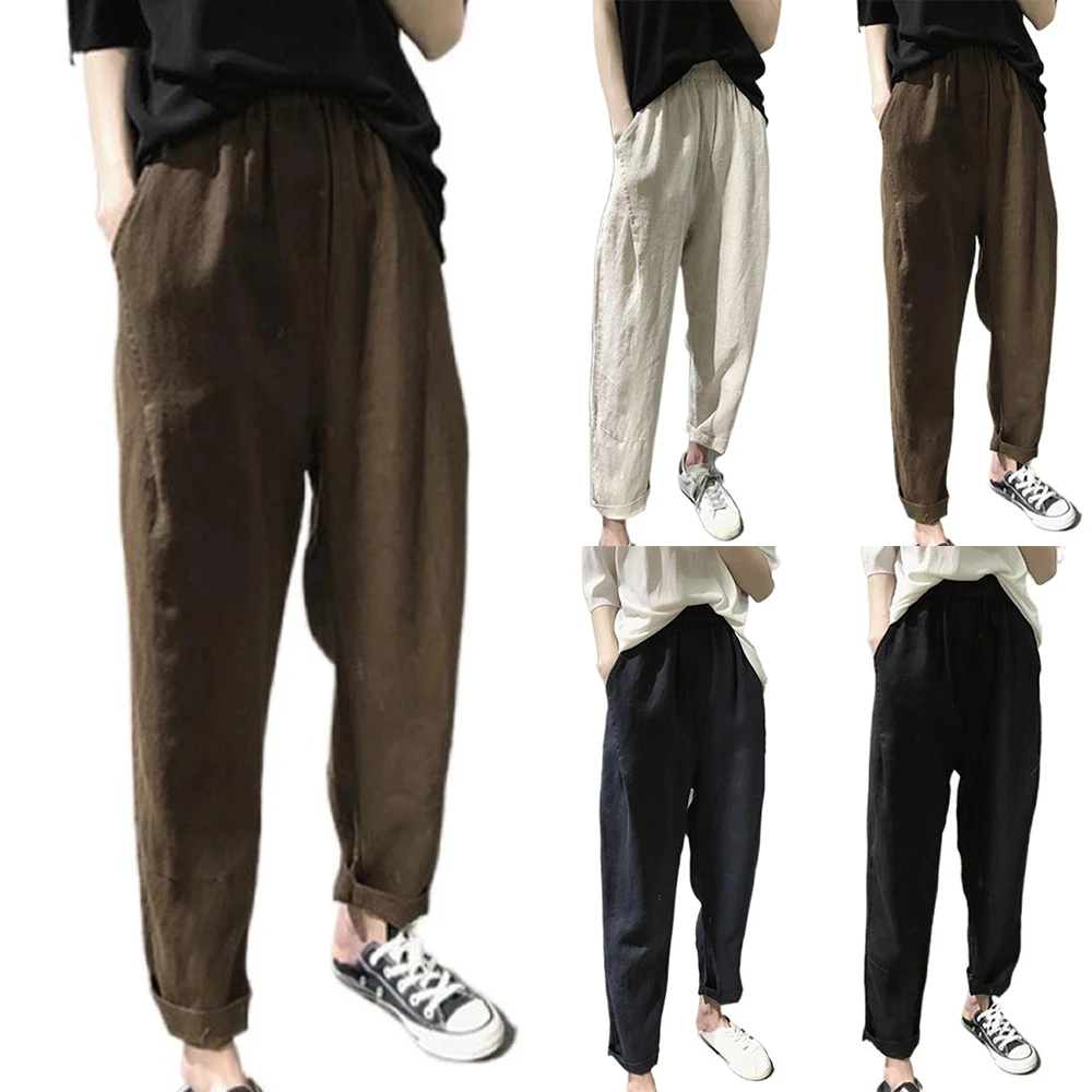 

Women's Casual Elastic Spliced Straight Solid Cotton Linen Summer 2021 Hot Fashion Y2k Versatile Commute Woman Leisure Pants