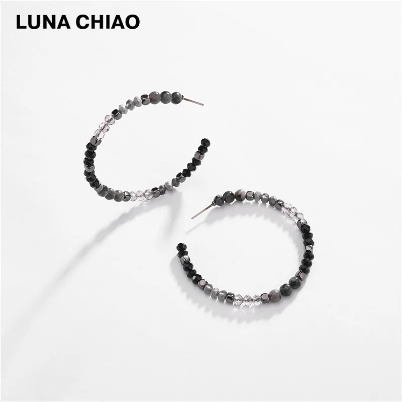 LUNA CHIAO разноцветные стеклянные хрустальные серьги-кольца из натурального камня с бисером Большие для женщин - Окраска металла: Black