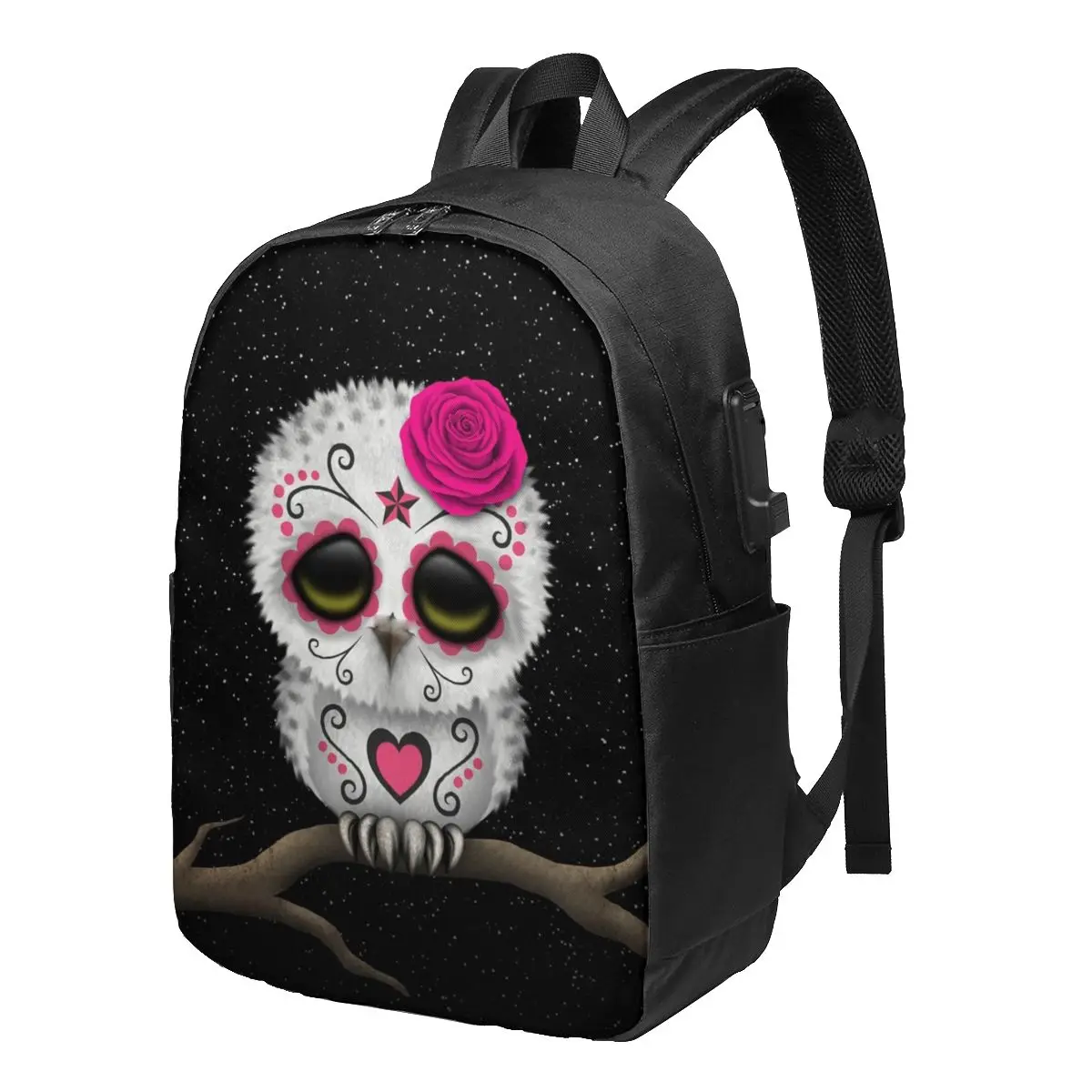 

Cute Pink Day Of The Dead Sugar Skull Owl Backpacks Mexican Skull Animal Unisex Universal Backpack Charger USB Commuter Bags
