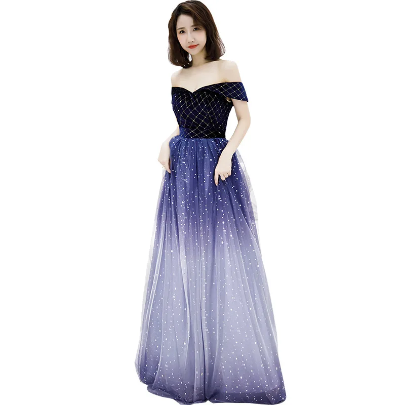 

Banquet evening dress 2019 new fairies dream starry sky blue party host party Marie Antoinette Full