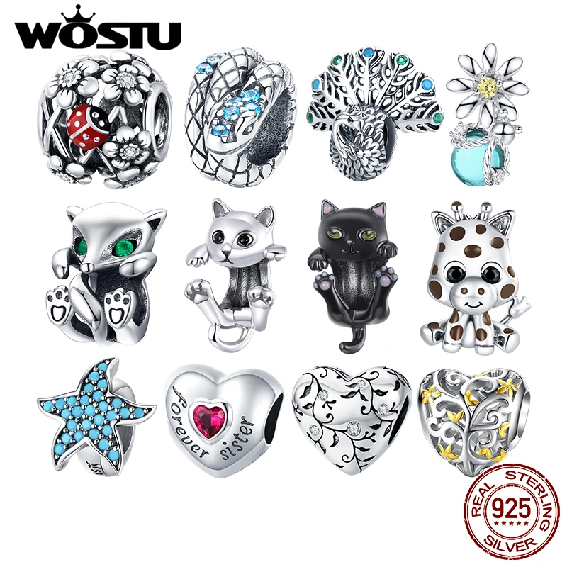 

WOSTU Authentic 925 Sterling Silver Cute Ladybug Cat Beads Charms Pendant Fit Bracelets Women Party DIY Fine Jewelry Gift Making