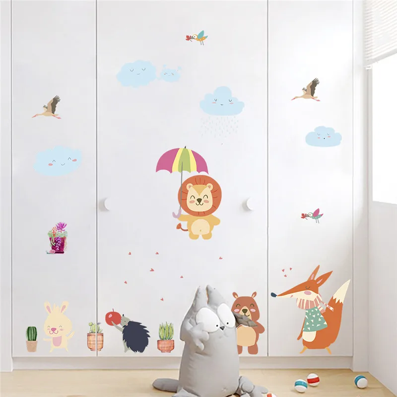 

Наклейка на стену с милыми животными под дождем для детского сада, детской комнаты, домашний декор, Лев, медведь, лиса, сафари, роспись, искус...