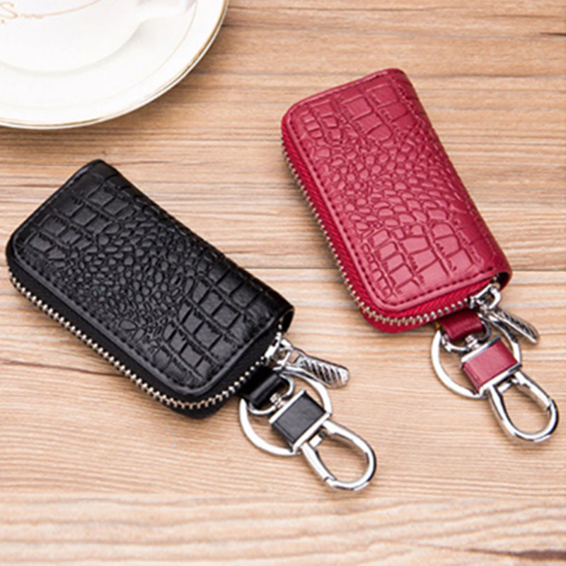 

Hot Crocodile Pattern Car Key Pouch Bag Keys Holder Unisex Genuine Leather Car Key Wallet Zipper Keychain Case Smart Housekeeper