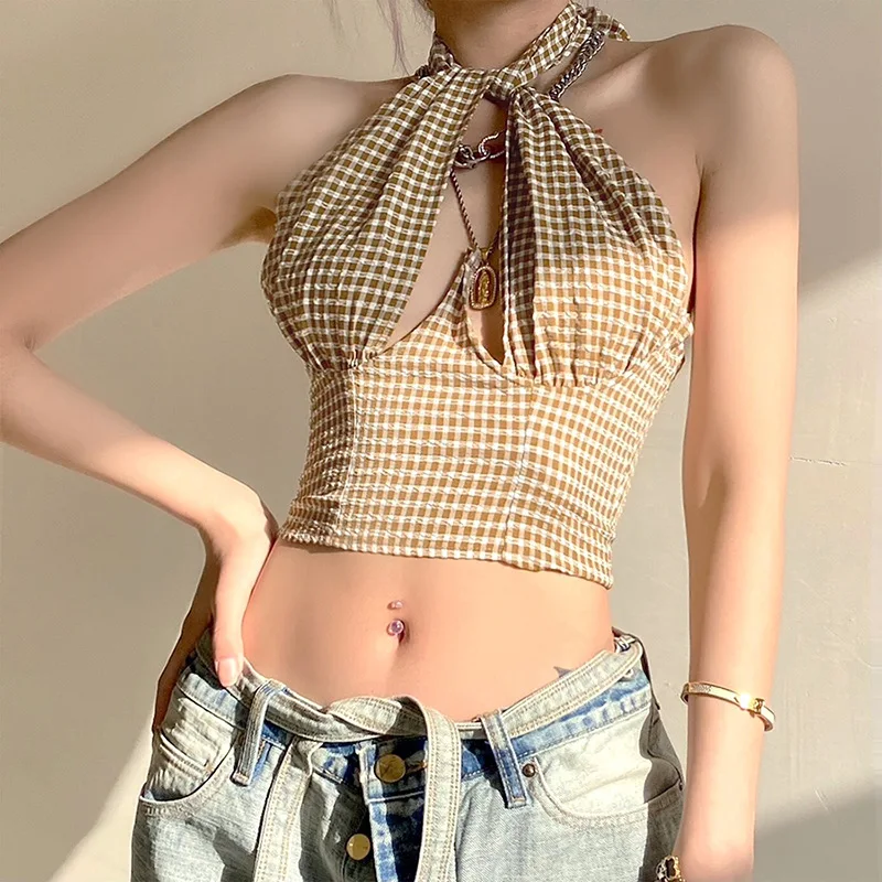 

Womens Clothing Crop Top Casual Plaid Tank Tops Short Hollow Out Pure Color Slim Navel Fashion Halter Sexy Vest Backless