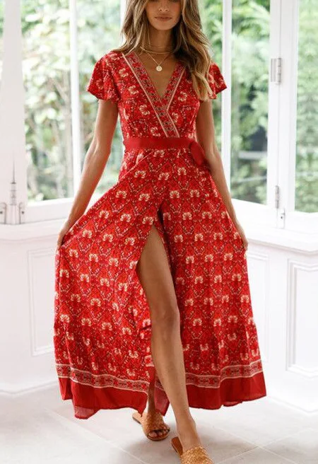 

2021 summer fashion printed V-neck short-sleeved elastic waist lace-up front slit female dress woman dress white dress dresses