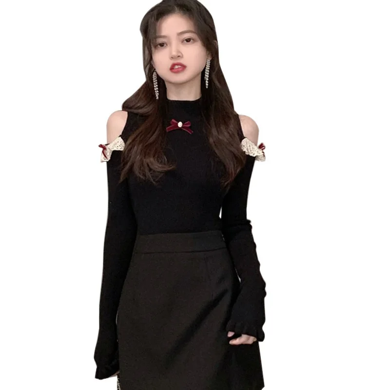 

Women Clothes Ladies Autumn And Winter Sweet Cool Gentle Wind Sweater Pullover Flared Sleeve Off-shoulder Sweater One Size