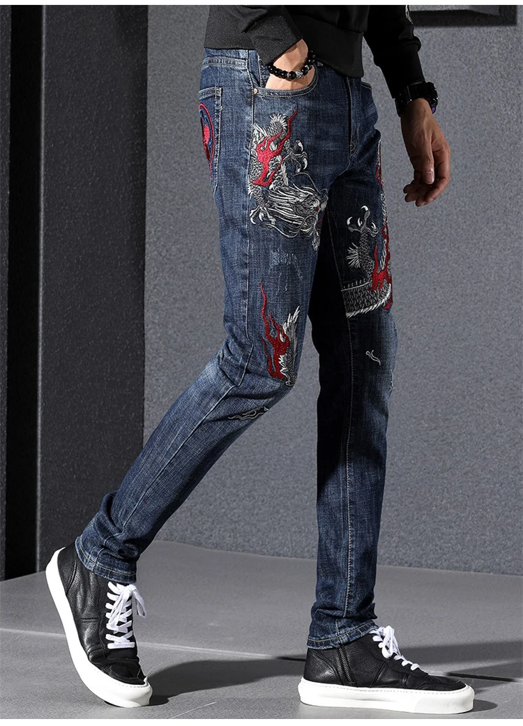 2021 Новая мужская китайский дракон вышивка джинсы для женщин Мода Вышитые тонкие