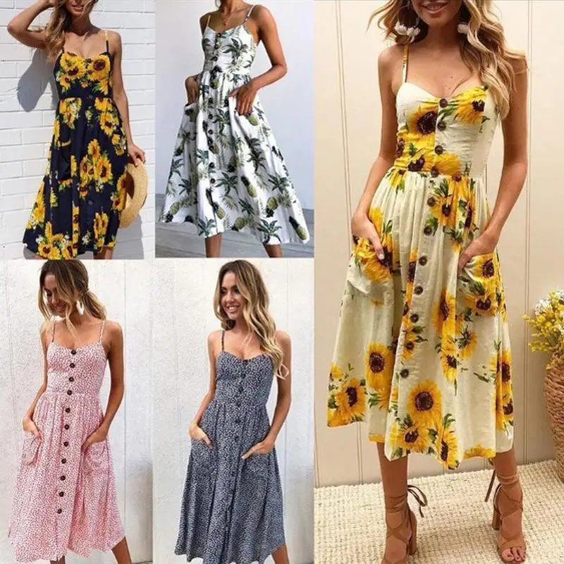 

Women New Summer Sling Halter Print single-breasted Dress Sleeveless v-neck big pendulum folds strapless sexy mid length skirt