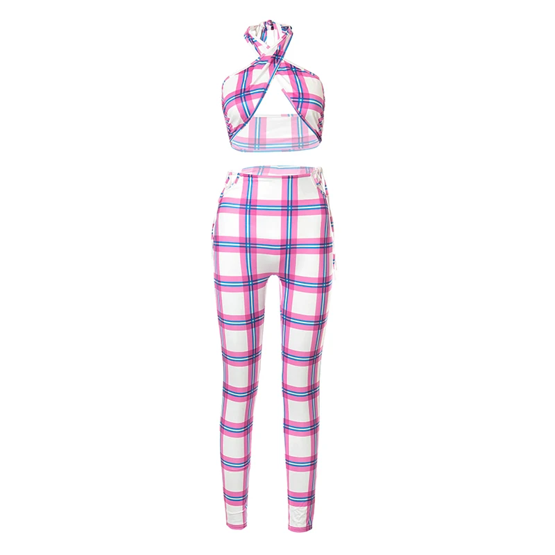 

Cutenova Y2K Sexy Hollow Out Plaid Printing Slim High Streetwear Club Traf Summer 2 Two Piece Set Women's Suit Clothing 2021