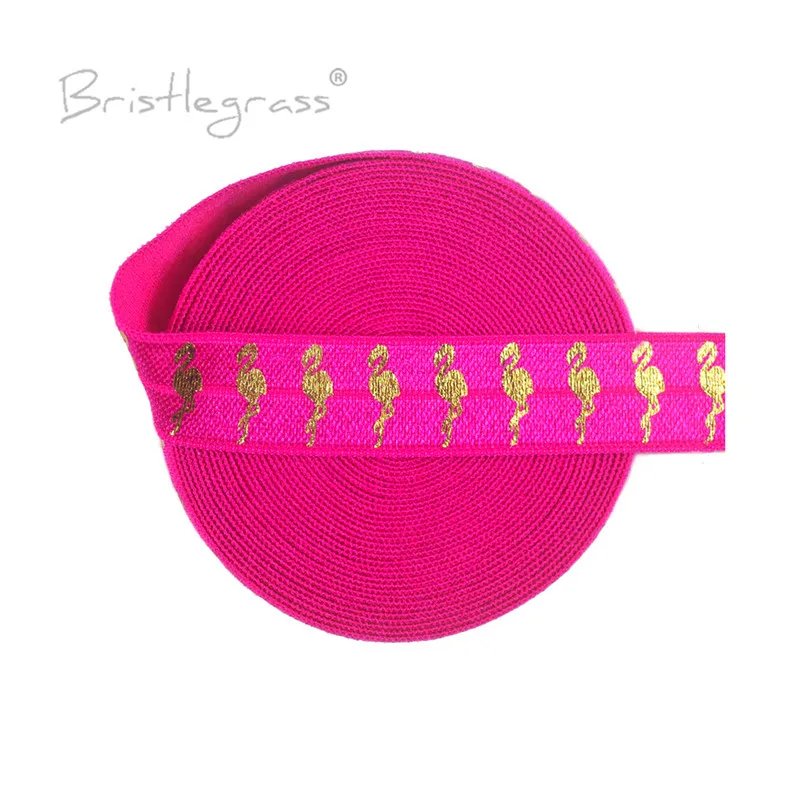 BRISTLEGRASS 5 Yard 5/8&quot 15mm Flamingo Gold Foil Print FOE Foldover Elastic Spandex Band Hair Tie Headband Tutu Dress DIY Sewing |