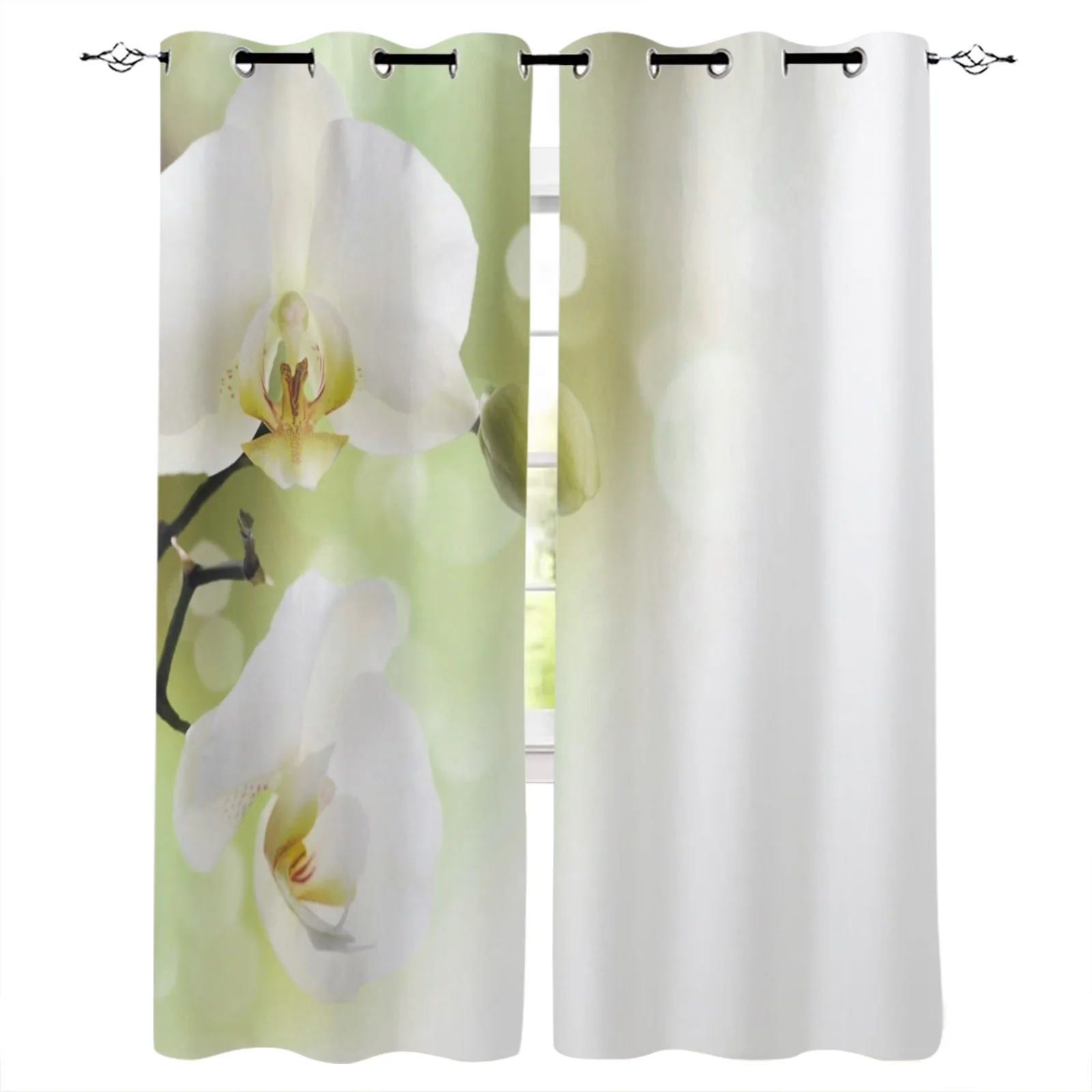 

White Phalaenopsis Flower Grommet Top Curtains for Living Room Bedroom Kitchen Window Treatments Home Decoration Drapre