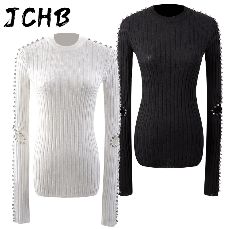 

JCHB 2021 new spring and autumn fashion round neck full sleeves spliced knits pullover elastic striped slim T-shirt top WP07901L