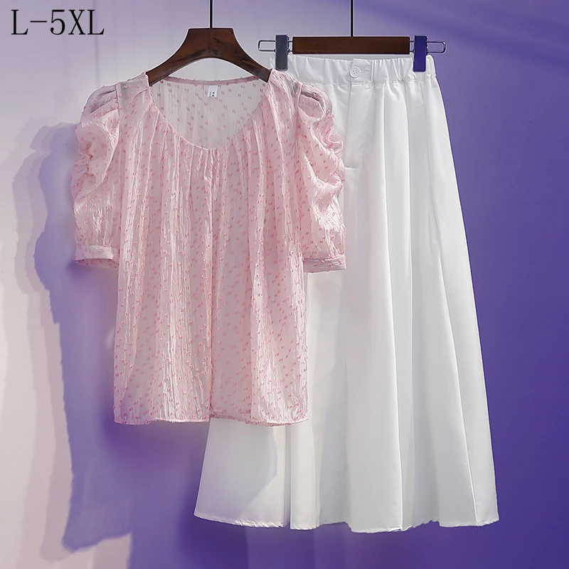 

Летний комплект из 2 предметов размера плюс, женская футболка свободного покроя, футболка из пряжи большого размера, Новая модная женская фу...