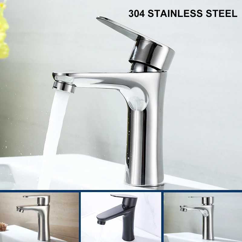 

Stainless Steel Basin Faucet Hot And Cold Water Basin Faucet Black Silvery Simple Faucet Rotating Tap Bathroom Kitchen
