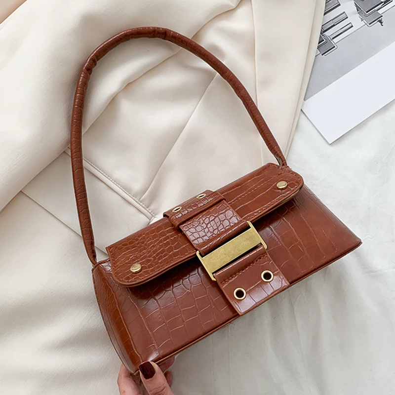 

New Design Flap Women Armpit Bags Solid Color Buckle Women Underarm Shoulder Bags Crocodile Pattern PU Leather Female Baguette