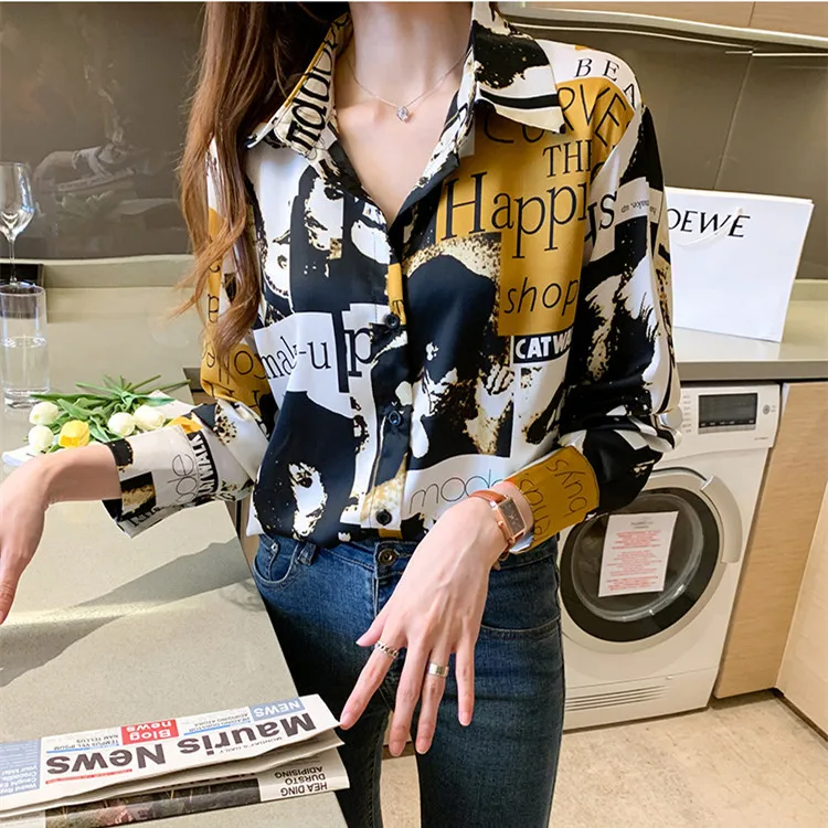 

Women's Shirt Hong Kong Style Letter Pattern Printed Shirt Design Burst New Autumn Loose Chiffon Long Sleeve Shirt