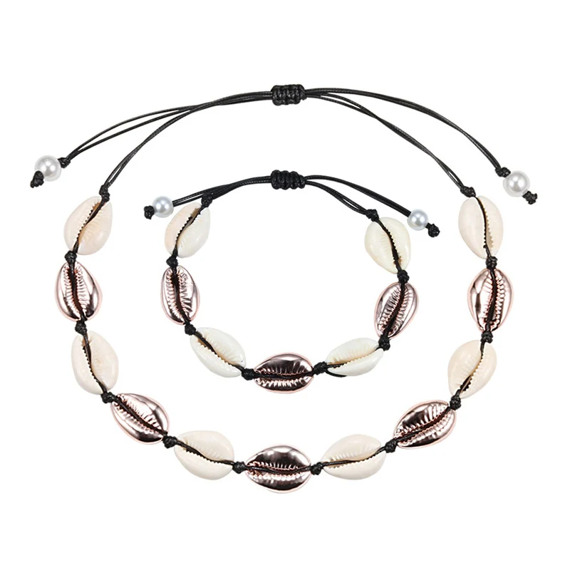 Black Rose Gold Натуральная раковина Каури ожерелье браслет набор Бохо пляжная раковина чокер воротник модная Веревка Цепь Регулируемая женская летняя бижутерия - Окраска металла: Black Rose Gold