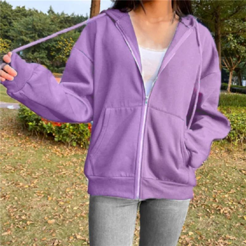 

Brown Zip Up Sweatshirt Winter Jacket Clothes Hoodies Women Vintage Pockets Long Sleeve Pullovers