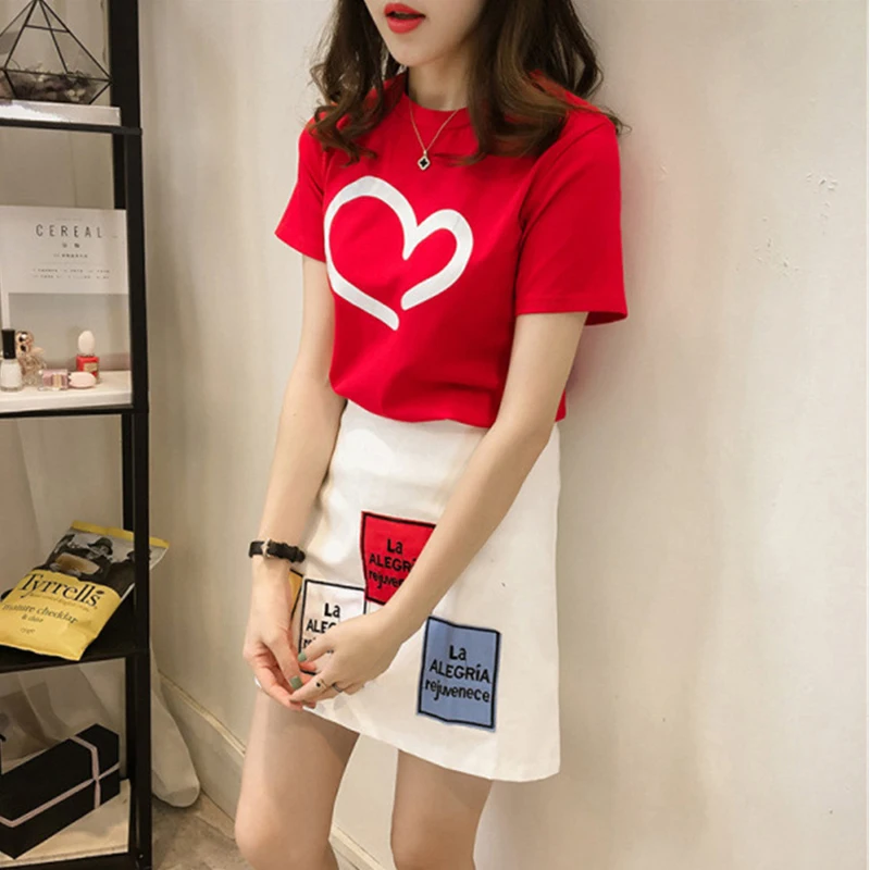 

SONDR Women Dresses Summer 2021 Fashion Love Printed Short Sleeve Tops t Shirt + Mini Skirt Women Leisure Suit