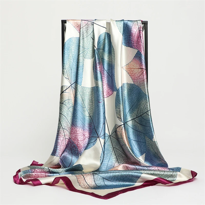 

2021 Square Scarf For Women Satin Hijab Silk Shawl Neckerchief Female Head Wraps Leaf Print Headband Hair bands