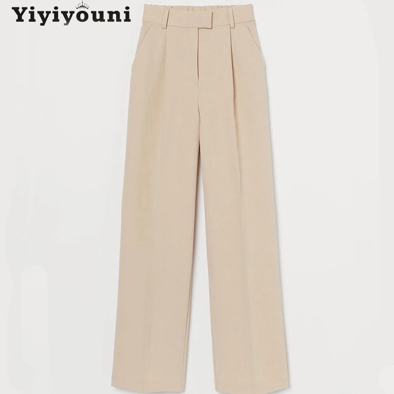 

Yiyiyouni Casual High Waist Straight Pants Women Office Lady Zipper Loose Wide Leg Pants Women Khaki Summer Cotton Trousers 2021