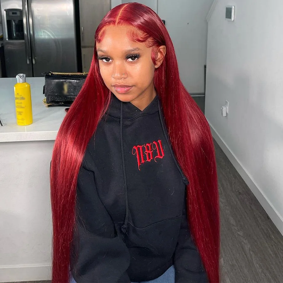 

99j Burgundy Lace Front Wig 30 Inch Straight Human Hair Wigs For Women T Part Lace Wig Human Hair Pre Plucked Red Brazilian Hair